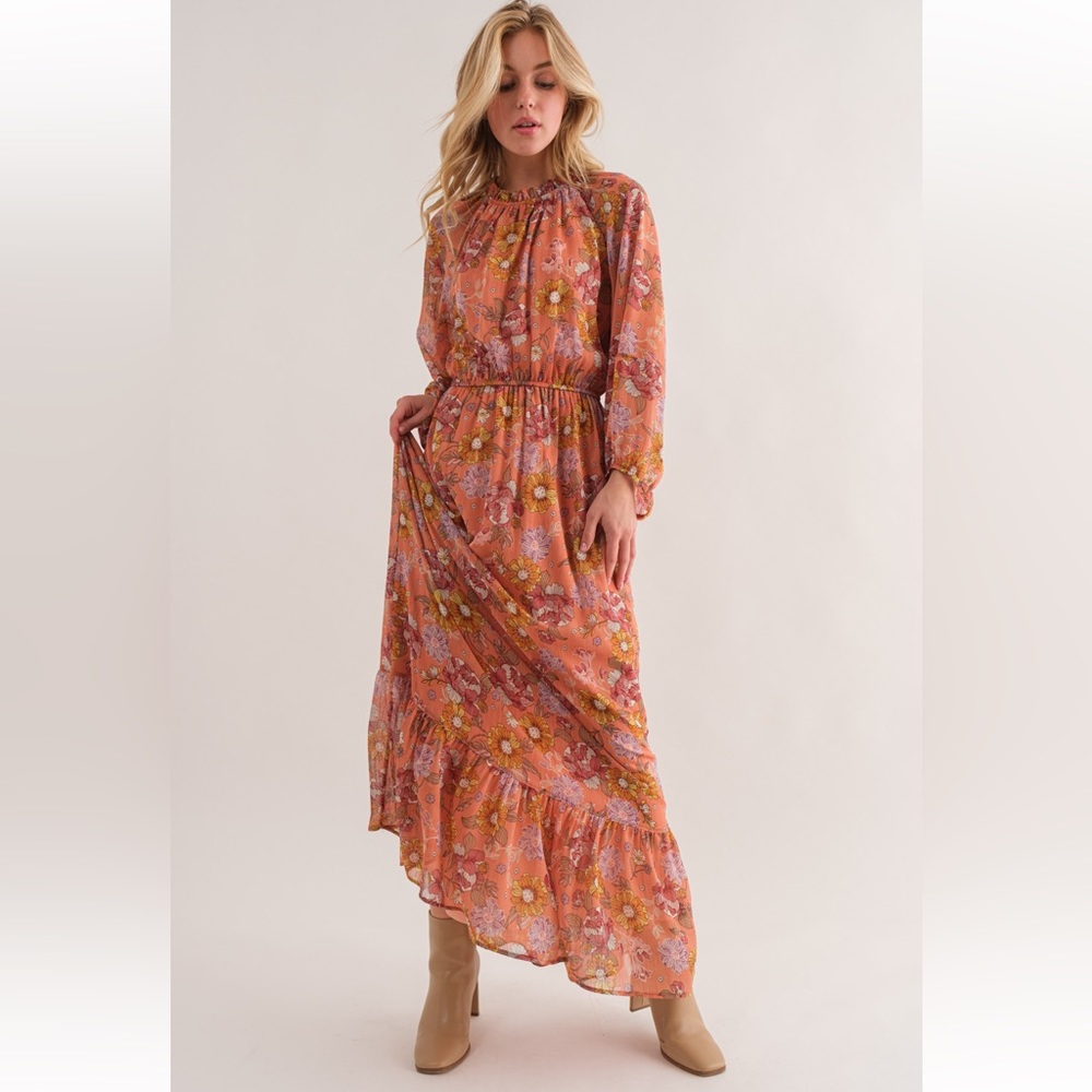 34 Boho Floral Print Tiered Maxi Dress